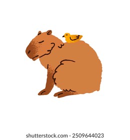 Funny capibara and cute bird sleep. Amusing birdie relaxes on asleep capybara, adorable rodent. Animals friends have a rest together. Flat isolated hand drawn vector illustration on white background