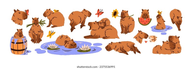 Funny capibaras set. Cute capybaras family with baby cuddle, rest, lying, sleep. Fluffy animals bathing in barrel, swimming, relax in water. Wild nature. Flat isolated vector illustration on white