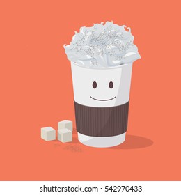 Funny cappuccino coffee cup character with a sugar and cream, cartoon style vector illustration on orange background with place for text. Cute take away coffee cup character, waking up concept