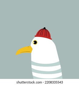 Funny captain seagull with knit hat beani. Childish illustration. 