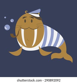 Funny captain walrus is ready to travel. Simple cartoon captain walrus blows bubbles through the tube