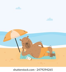 Funny capybara animal relaxing on seashore