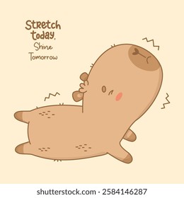 Funny Capybara Athlete is engaged in fitness. Lies on stomach and stretches. Cartoon kawaii animal sportsman yogi with motivational quote. Vector illustration