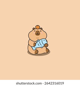 Funny Capybara Balancing an Orange with a Fish In Paws – Cute and Quirky Vector Illustration.