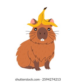 Funny capybara with banana peel on head. Kawaii herbivorous rodent. Hand drawn illustration on white background. Banana skin.