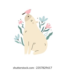 Funny capybara and a bird in a jungle forest. Vector illustration of cute rodent animal.