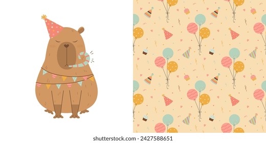 Funny capybara and birthday party seamless pattern