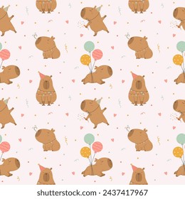 Funny capybara birthday seamless pattern