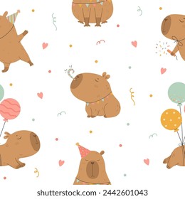 Funny capybara birthday seamless pattern