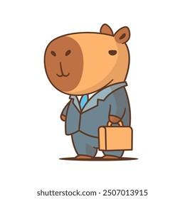 Funny capybara businessman character wearing a suit, holding a briefcase vector cartoon illustration