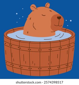 Funny capybara character. Exotic rodent bathing in barrel of water. Hand drawn vector illustration