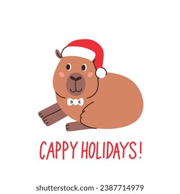 Funny capybara in Christmas Santa hat. Inscription Cappy Holidays means funny wordplay Happy and Cappybara. Flat vector illustration. Cute animal isolated on white background. Winter holiday season.