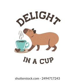 Capibara divertido con taza de café capuchino con cita Delicia en una taza. Lindo animal de la selva y granos de café ilustración