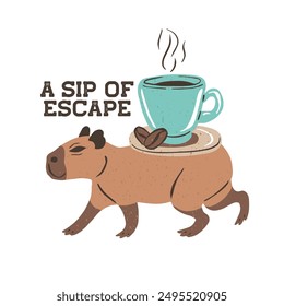 Capibara divertido con taza de café cappuccino con cita Un sorbo de escape. Lindo animal de la selva y granos de café ilustración