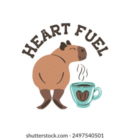 Funny Capybara con taza de café cappuccino con cita Heart Fuel. Lindo animal de la selva y granos de café ilustración