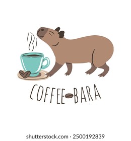 Funny Capybara con taza de café cappuccino y granos de café ilustración. Lindo animal de la selva con cita Coffeebara