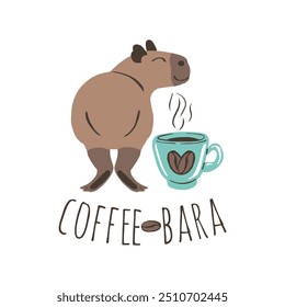 Engraçado Capybara com xícara de café cappuccino e ilustração de grãos de café. Bela selva animal com citação Coffeebara