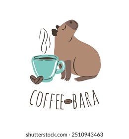 Engraçado Capybara com xícara de café cappuccino e ilustração de grãos de café. Bela selva animal com citação Coffeebara