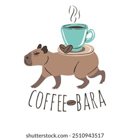 Engraçado Capybara com xícara de café cappuccino e ilustração de grãos de café. Bela selva animal com citação Coffeebara