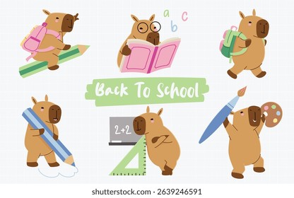 Funny capybara cute animals student cartoon character with studying accessories and stationery items vector illustration. Back to school, education doodle style set isolated on white background
