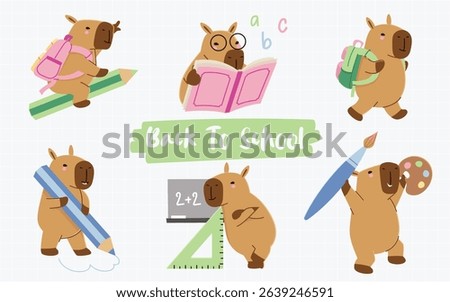 Funny capybara cute animals student cartoon character with studying accessories and stationery items vector illustration. Back to school, education doodle style set isolated on white background