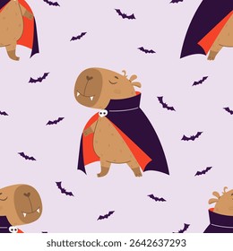 Funny capybara in Dracula vampire costume. Vector animal character ready for trick or treating party for festive celebration. Perfect background for Halloween party decor, print, card or poster