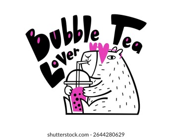 Funny capybara drinks bubble tea. Vector illustration logo.