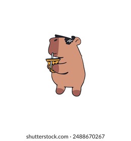 Funny capybara drinks a cool drink. Trendy vector illustration.