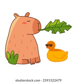 Funny Capybara and duck. Cute summer capybara. Flat vector illustration isolated on white background.