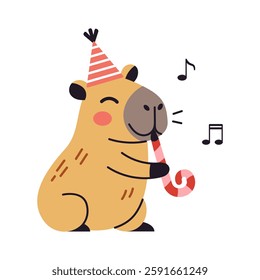 Funny capybara enjoying a festive birthday celebration. Vector design ideal for kids clip art, greeting cards, and cheerful decorations. Cute smiling capybara character.