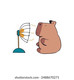 Funny capybara escapes the heat under the fan. Trendy vector illustration.