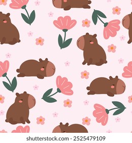 Funny capybara with flowers and hearts .