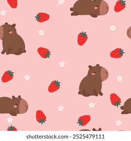 Capivara engraçada com flores e morangos em fundo rosa.