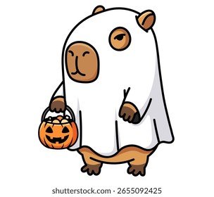 Capivara engraçada em uma fantasia fantasma para Halloween, segurando uma cesta de doces jack-o'-lantern. Personagem fofo e ranzinza para um convite de festa, um cartão de felicitações ou um adesivo de férias. 