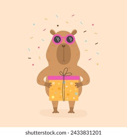 Funny capybara with gift box