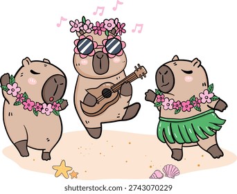 Funny Capybara Group Dancing Hula and Playing Ukulele Hawaii Party Cartoon Hand Drawn Illustration