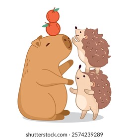 funny capybara and hedgehogs, little hedgehogs, cute characters, sticker