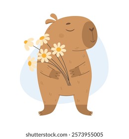 Funny capybara is holding a bouquet of flowers