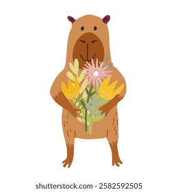 Funny capybara is holding a bouquet of flowersSouth American adorable animal.
Hand drawn Vector illustration.