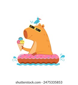 Funny capybara with ice cream cone on swimming ring donut in pool.Vacation at sea.Vector stock illustration.