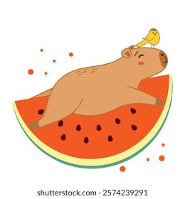 funny capybara lies on watermelon, fruits, summer, vacation, juicy fruit, capybara sticker