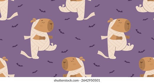 Capivara engraçada em traje de múmia e padrão de morcegos