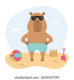 Funny capybara on the beach summer illustration