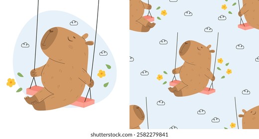 Funny capybara on swing seamless pattern