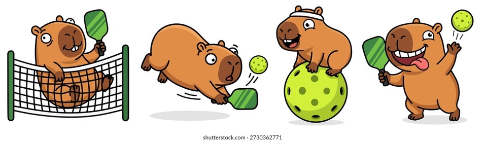 Conjunto de Ilustración vectorial divertido del jugador del pickleball del capybara aislado en el fondo blanco. Cuatro roedores lindos de la historieta que juegan deportes con las paletas verdes y las bolas perforadas amarillas. El personaje uno se inclina sobre la red sonriendo y sosteniendo el equipo listo para un partido. Guardar El personaje dos se dirige a un tiro con líneas de movimiento dinámicas que muestran velocidad y agilidad. El personaje tres se balancea juguetonamente sobre un equipo de pickleball gigante que demuestra la fuerza del núcleo. El personaje cuatro está sirviendo o golpeando una volea con una expresión feliz y la lengua fuera. Concepto de estilo de vida activo, fitness y diversión competitiva adecuado para el diseño de mascotas, estampados de camisetas, logotipos de torneos y pegatinas de redes sociales. La obra de arte presenta contornos gruesos, colores marrones planos y rostros expresivos que representan alegría y energía. Perfecto para ligas de pickleball, marca de clubes, Mercancía deportiva, materiales de entrenamiento e ilustraciones de libros infantiles sobre juegos al aire libre. Esta colección pone de relieve la creciente popularidad del pickleball combinado con la tendencia viral de los capibaras, también conocidos como cavernas gigantes o cerdos de agua. El diseño es limpio, profesional y listo para usar en publicidad, Anuncios de Web, App móviles y tarjetas de felicitación. Humorística visión de los deportes de raqueta con el Grande roedor del mundo que participa en la actividad física. Activos de arte digital únicos para proyectos creativos centrados en el bienestar, el espíritu de equipo y los pasatiempos recreativos. El conjunto cubre varias poses, incluida la defensa, la ofensiva, el equilibrio y la celebración. Recurso gráfico de alta calidad para diseñadores que buscan mascotas de animales de moda con atuendo atlético. Las criaturas memorables y adorables que disfrutan de un partido simbolizan la precisión y la rivalidad amistosa. El formato de Vector permite escalar sin pérdida de calidad para cualquier Mediano, idealmente para promociones de campamentos de verano, decoraciones de gimnasios y papelería lúdica. Los personajes exhiben rasgos antropomórficos parados sobre dos piernas y usando herramientas humanas geniales para memes y contenido de cultura de Internet.