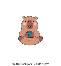 Funny capybara playing with a mobile phone. Trendy vector illustration.