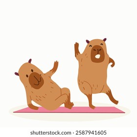 Funny capybara plays sports. Vector illustration. Hand drawn.