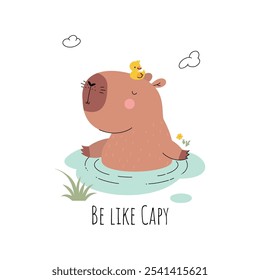 Funny capybara print. Cute rodent with mandarina duck on head sitting in water puddle. Childish mascot, wild exotic animal rest, nowaday vector character