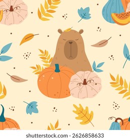 Funny capybara with pumpkins autumn pattern