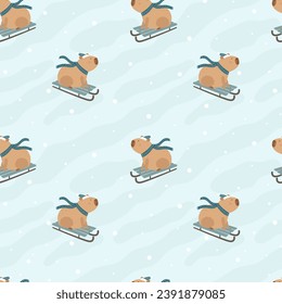 Funny capybara rides sledge. Winter seamless pattern